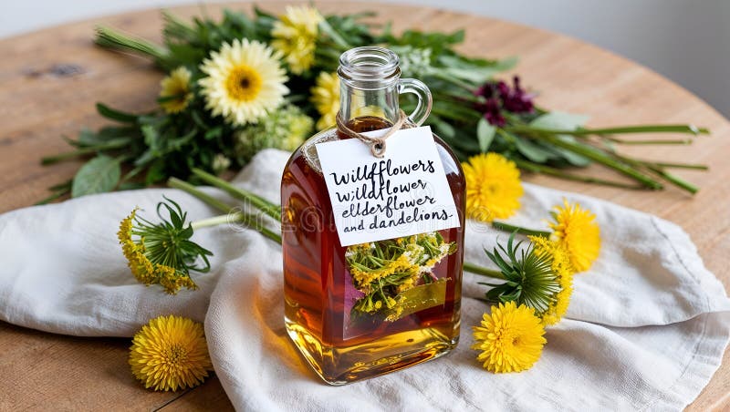 Inbesprutad sirap med elderblomma och dandelioner omgivna av färska blommor på ett trätbord av rustiskt trä stock illustrationer