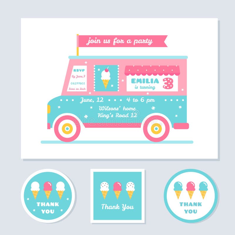 Inbjudan för partiet för ungar för Icecreamlastbilvektorn och tackar dig kort royaltyfri illustrationer Inbjudan för partiet för ungar för Icecreamlastbilvektorn och tackar dig kort royaltyfri illustrationer