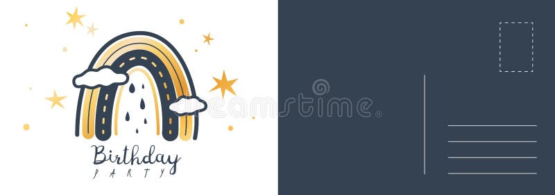 Inbjudan till födelsefest. vykort med kort för lyckliga semesterdagar med regn- och regnbågsmoln och kort för minimal design vektor illustrationer