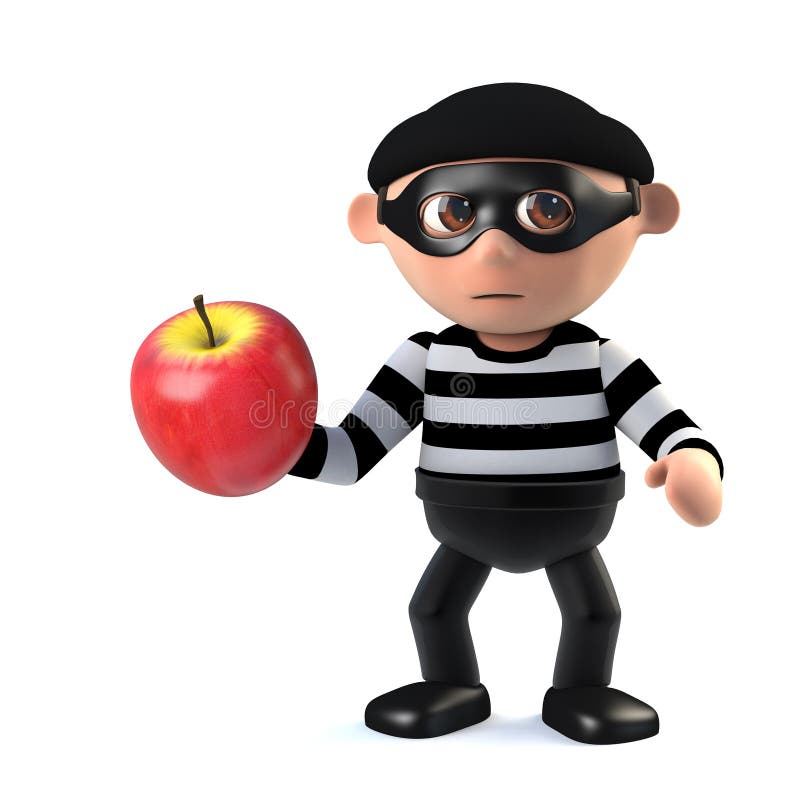 inbrottstjuven 3d stjäler ett äpple stock illustrationer inbrottstjuven 3d stjäler ett äpple stock illustrationer