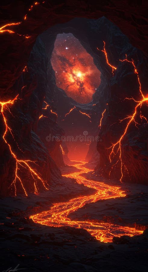 Incandescent Lava River Flows Through a Deep, Jagged Canyon on a Volcanic Alien Planet royalty free illustration