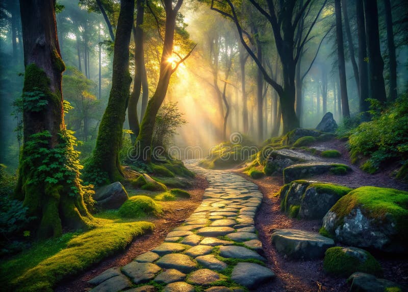 Incandescenza del percorso di pietra che avvolge la natura di rossore Un paesaggio sereno in un paesaggio mistico fotografia stock