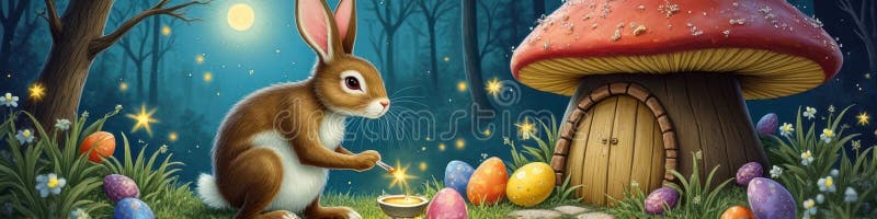 Incantare la scena forestale con lanterna magica di coniglio e uova di Pasqua di notte. che l'immagine viene generata utilizzando ai.