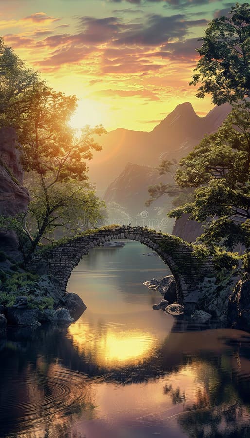 Incantare un antico ponte di pietra su un fiume sereno in una foresta di lussuose al tramonto con cielo colorato generato dall'ai