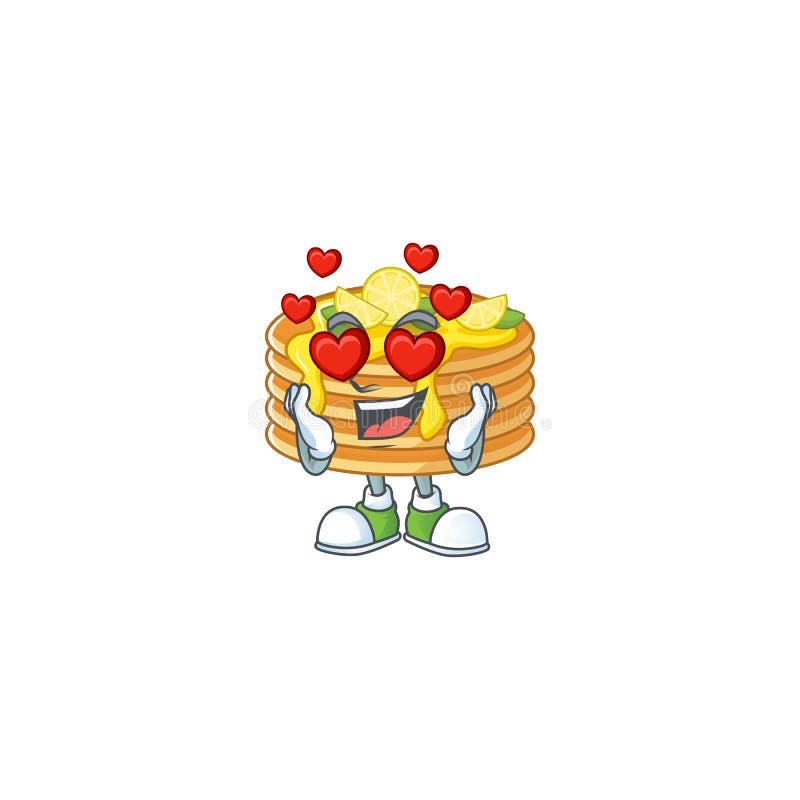 Incantevole personaggio di cartone con pancake alla crema di limone con una faccia innamorata illustrazione di stock