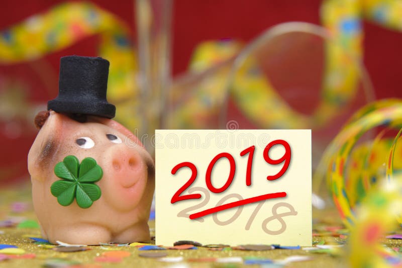 Cork stopper of champagne with new year`s date 2019 and lucky charm. Cork stopper of champagne with new year`s date 2019 and lucky charm