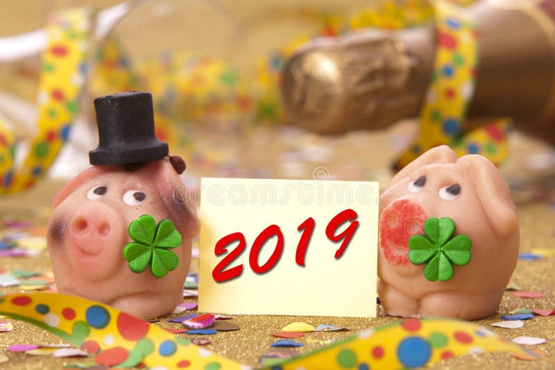 Cork stopper of champagne with new year`s date 2019 and lucky charm. Cork stopper of champagne with new year`s date 2019 and lucky charm