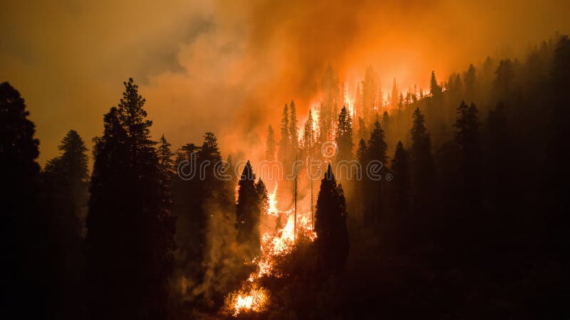 Incendi boschivi si diffondono attraverso foreste dense creando fumo denso e fiamme luminose durante una serata secca d'estate illustrazione di stock