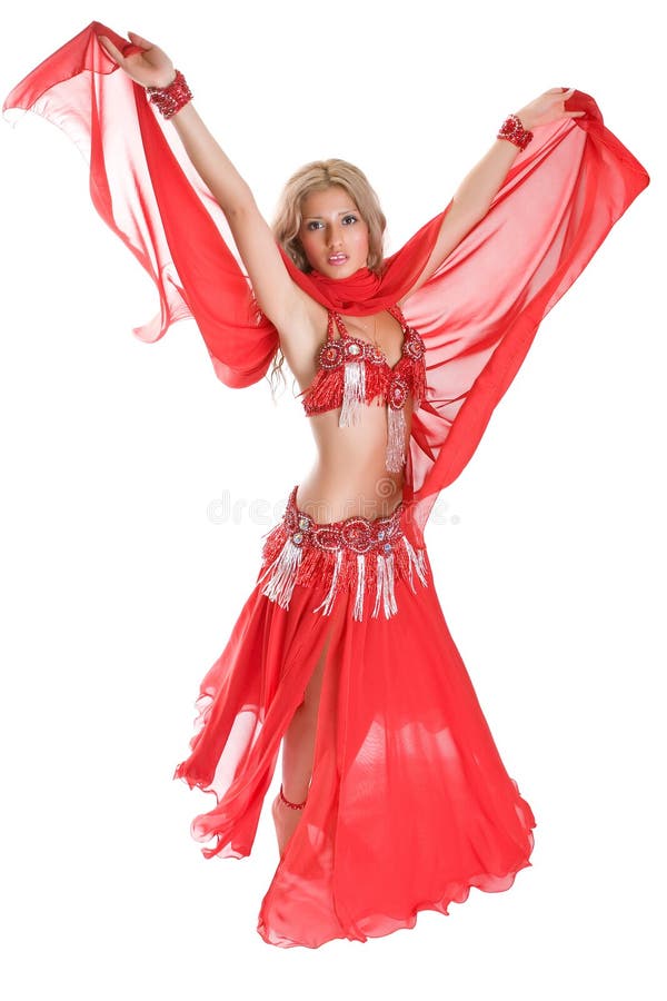 Belle Jeune Fille Dans Un Costume Rouge De Danse Orientale En Mouvement  Isolé Sur Fond Blanc Banque D'Images et Photos Libres De Droits. Image  18286789