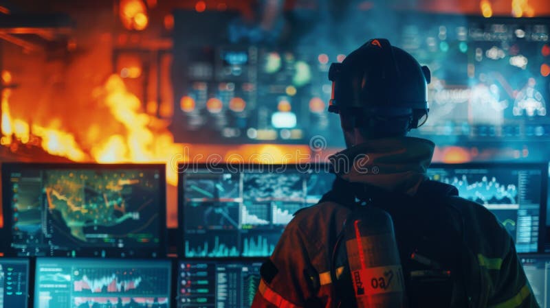 Incendie de surveillance des pompiers au centre de commandement. Un pompier observe les écrans qui analysent les incendies tandis qu'un grand inferno éclate en arrière-plan. ai généré