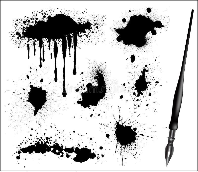 Ink Splat Set and black calligraphic pen, vector. Ink Splat Set and black calligraphic pen, vector