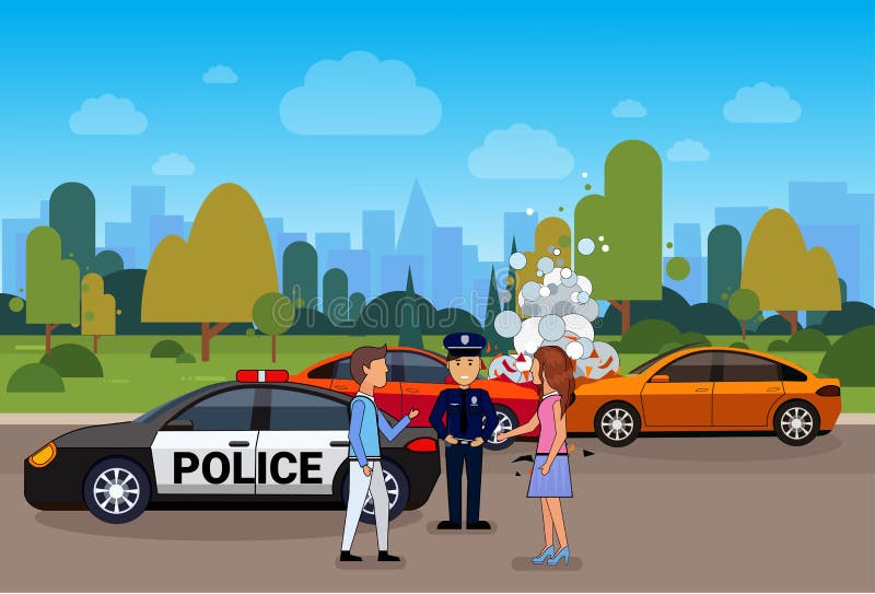 Incidente stradale o arresto, collisione sulla strada con l'autista maschio e femminile And Police Officer illustrazione di stock Incidente stradale o arresto, collisione sulla strada con l'autista maschio e femminile And Police Officer illustrazione di stock