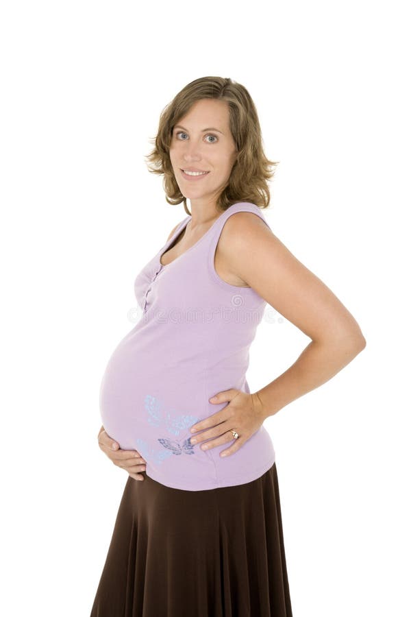 Caucasian woman who is 9 months pregnant on white background. Caucasian woman who is 9 months pregnant on white background