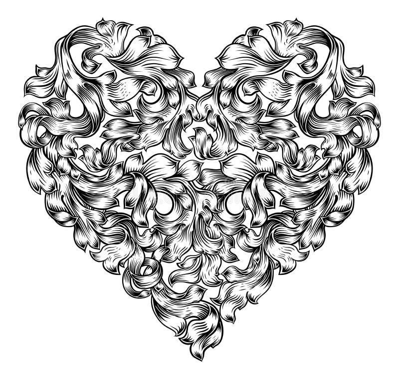 Incisione di vintage di taglio di legno in floreale per amore di cuore illustrazione vettoriale