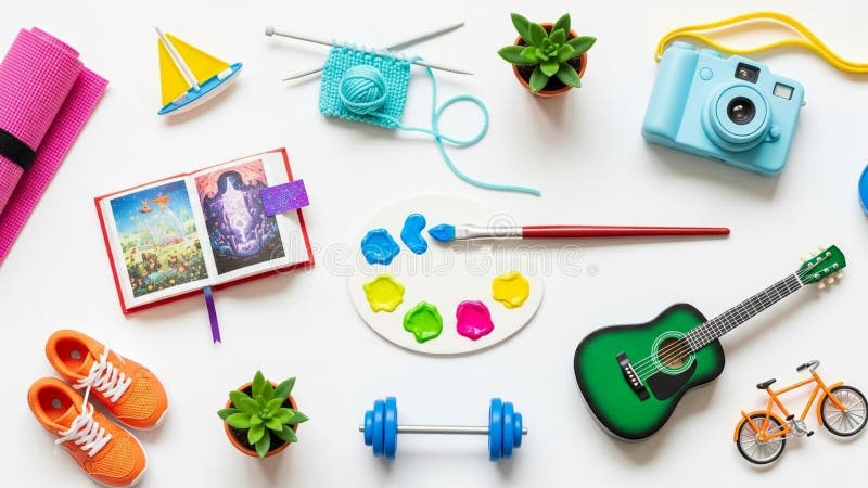 Includes a blue camera, green mini guitar, dumbbell, small b vector illustration