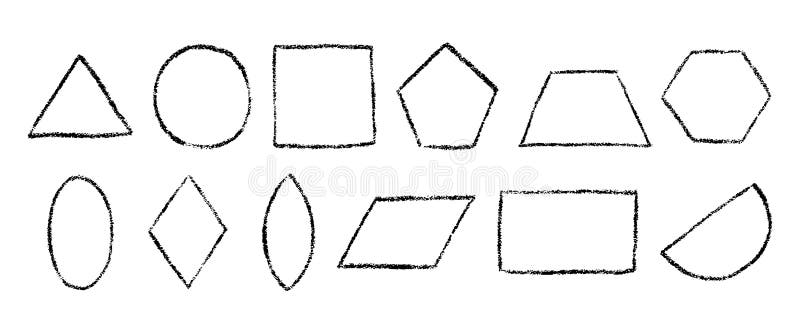 Incolla le forme geometriche con la trama del pennello di crayon. Figure disegnate a mano in matita nera. Quadrato triangolo cerch illustrazione di stock