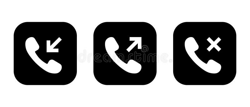 Incoming, outgoing, and missed call icon on black square royalty free illustration