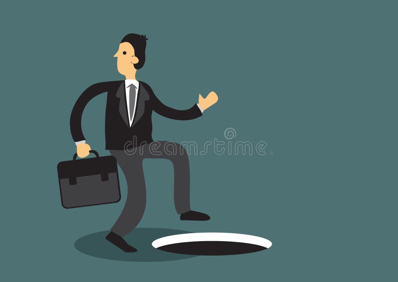 Distracted business professional unaware man hole in the ground. Cartoon vector illustration on concept of paying attention isolated on green background. Distracted business professional unaware man hole in the ground. Cartoon vector illustration on concept of paying attention isolated on green background.