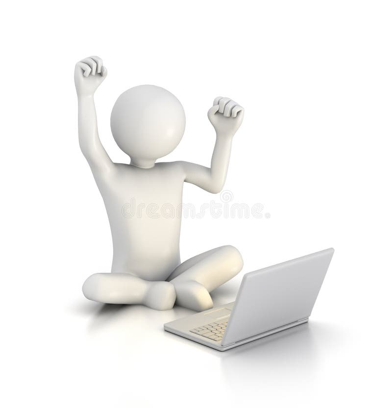 3D rendered figure with arms in the air as upon hearing good news from Laptop. 3D rendered figure with arms in the air as upon hearing good news from Laptop