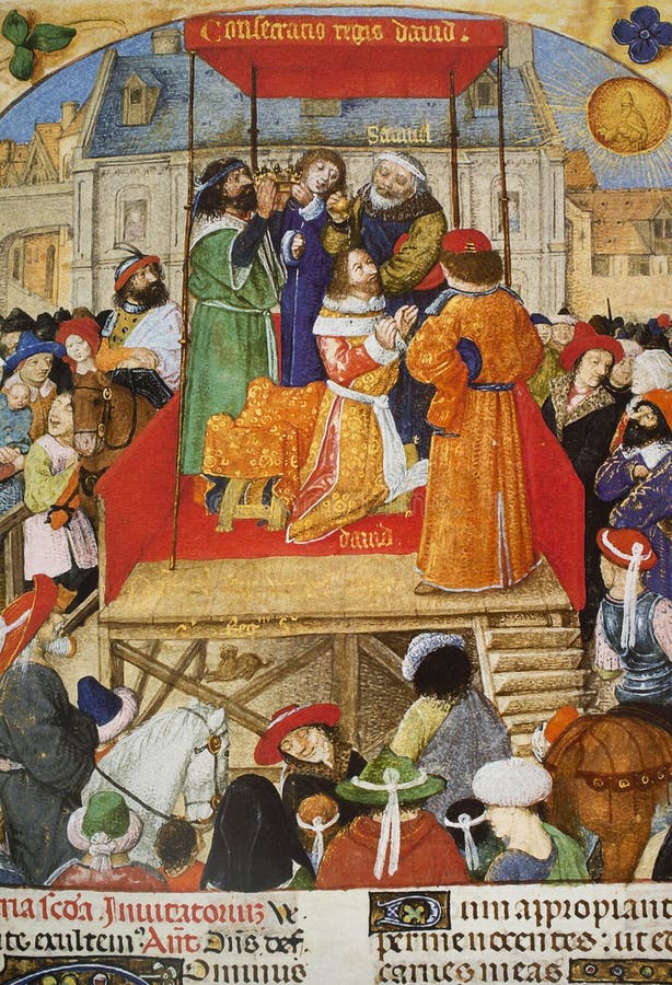 King David Coronation. Third king of the United Monarchy of Israel and Judah, Medieval ilustration. British Library, ms 18851, f124r. Breviary. King David Coronation. Third king of the United Monarchy of Israel and Judah, Medieval ilustration. British Library, ms 18851, f124r. Breviary