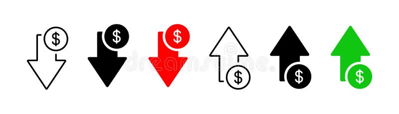 Increase, Decrease Dollar Icons. Interest Arrow Money Icons Collection ...