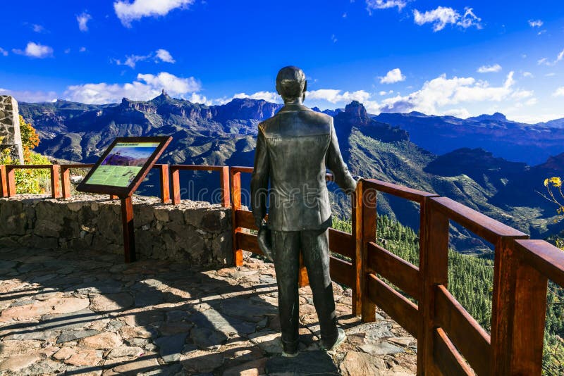 Incredible nature in Artenara village,view with statue and mountains,Gran Canaria,Spain.