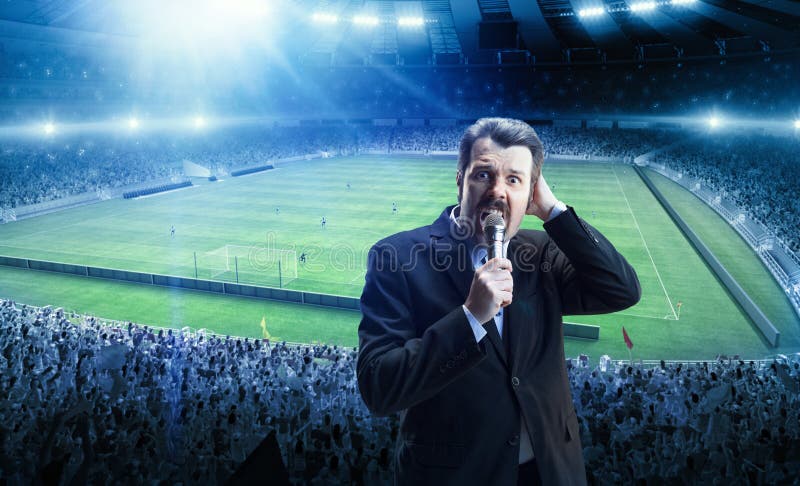 Proud man, professional sport commentator having online TV stream,  broadcasting football match isolated over stadium background Stock Photo -  Alamy