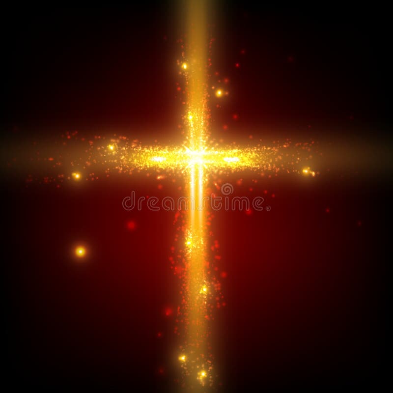 Incrocio brillante su fondo rosso con la lampadina e le particelle arancio d'ardore Fondo religioso di vettore astratto illustrazione vettoriale Incrocio brillante su fondo rosso con la lampadina e le particelle arancio d'ardore Fondo religioso di vettore astratto illustrazione vettoriale
