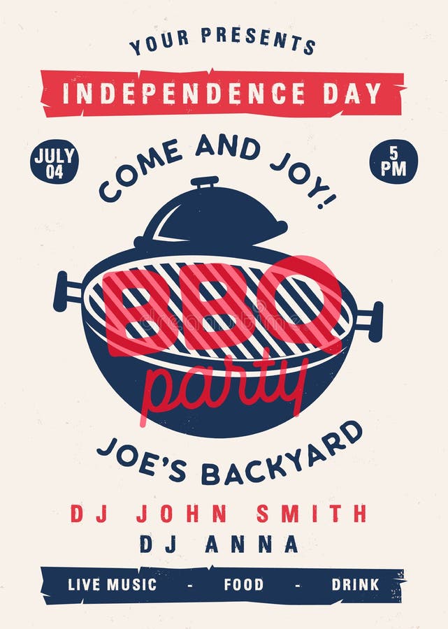 Independence day Barbecue party flyer. 4th of July BBQ poster template design. Summer barbeque editable card. Stock stock illustration