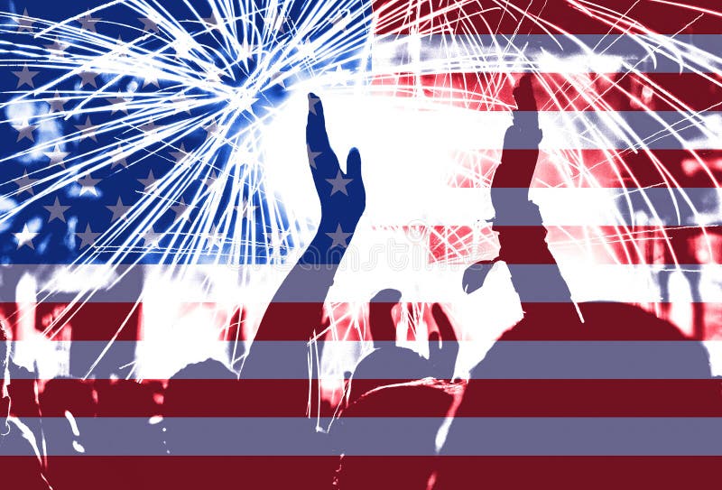 Independence day, fireworks, crowd and flag of America royalty free stock photo Independence day, fireworks, crowd and flag of America royalty free stock photo
