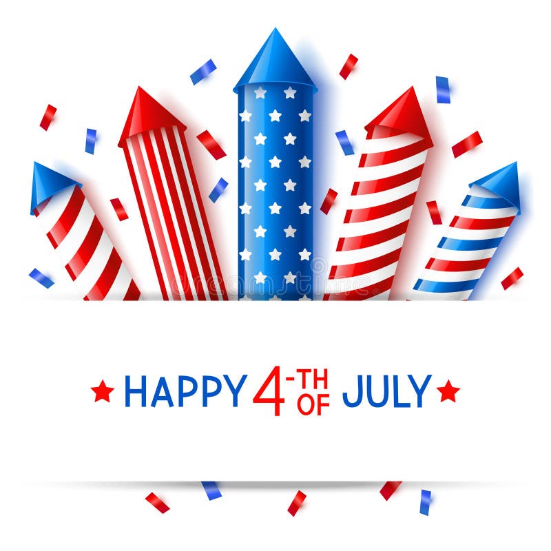 Independence day greeting card with firework rockets on white background