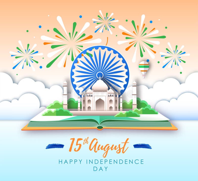 Independence Day Of India Open Book With Taj Mahal And Holiday independence-day-of-india-open-book-with-taj-mahal-and-holiday