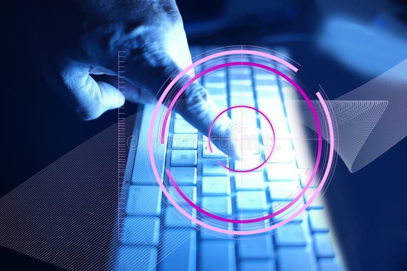 The index finger touches the computer keyboard with the global network connection technology icon around the finger. with royalty free stock photography The index finger touches the computer keyboard with the global network connection technology icon around the finger. with royalty free stock photography