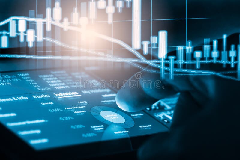 Index graph of stock market financial indicator analysis on LED. stock photos