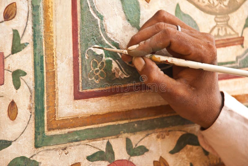 India, Amber fort: restauration of wall paints