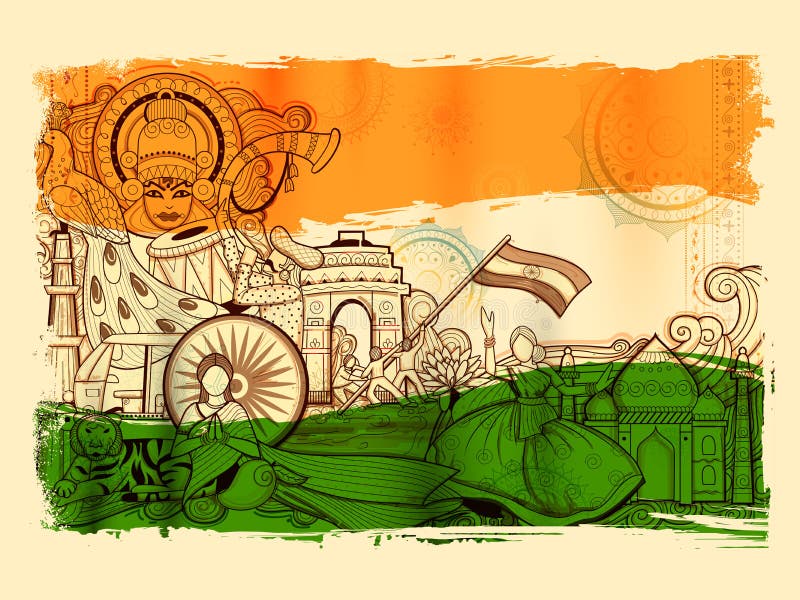 India background showing its incredible culture and diversity with monument, dance and festival royalty free illustration India background showing its incredible culture and diversity with monument, dance and festival royalty free illustration