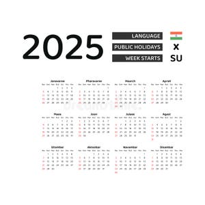 India Calendar 2025 Week Starts From Sunday Vector Graphic Design Stock Vector Illustration