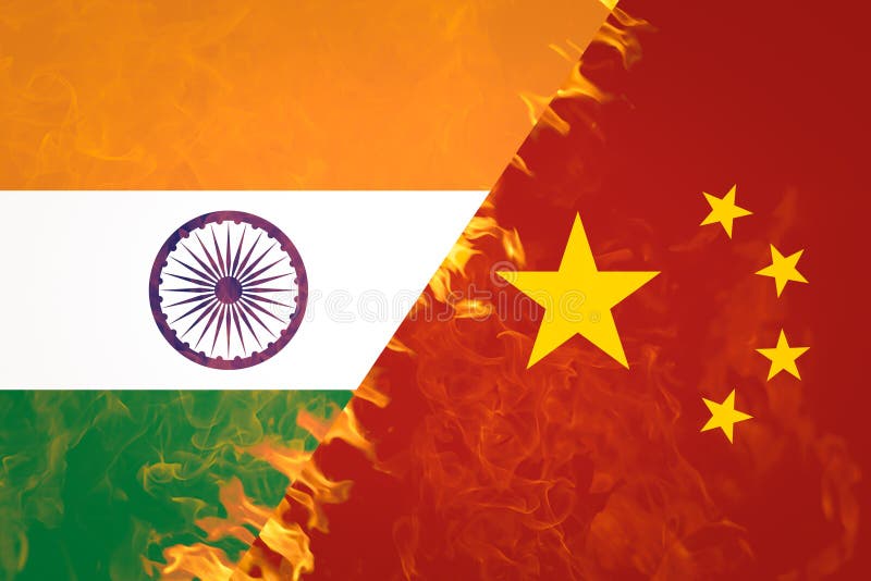 India and China Flags in Fire. War Conflict Concept Stock Photo Image