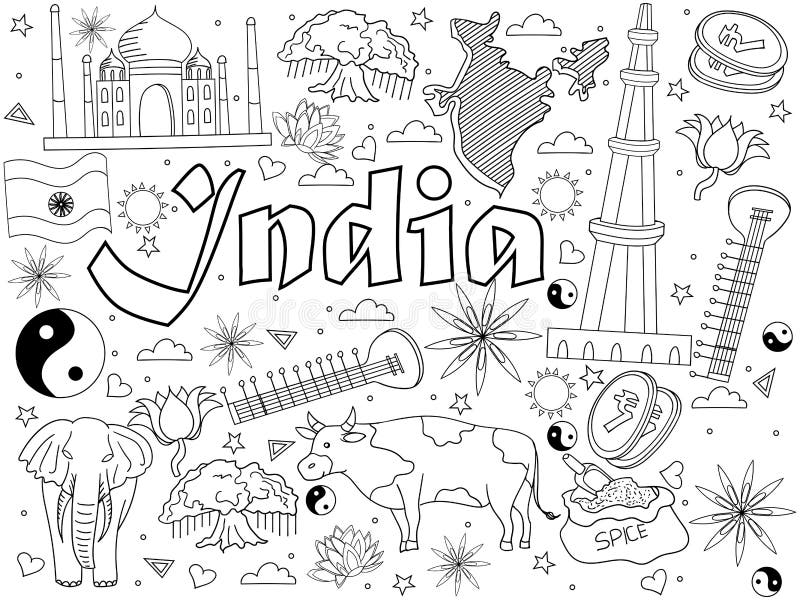 stock illustration india coloring book vector illustration line art design separate objects hand drawn doodle design elements image