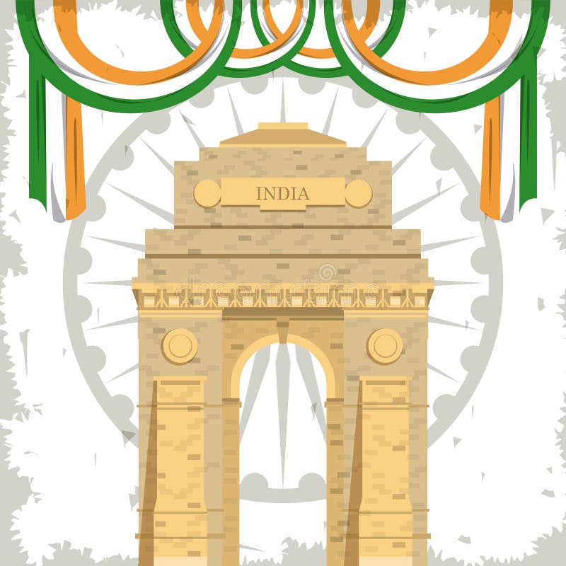 India gate monument building with flags vector illustration India gate monument building with flags vector illustration