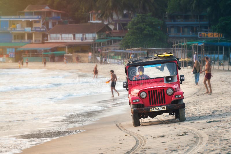 04/04/2020 India, GOA, Arambol, a beach lifeguard patrolling the coast in jeep during 21 day quarantine and full lockdown and curf
