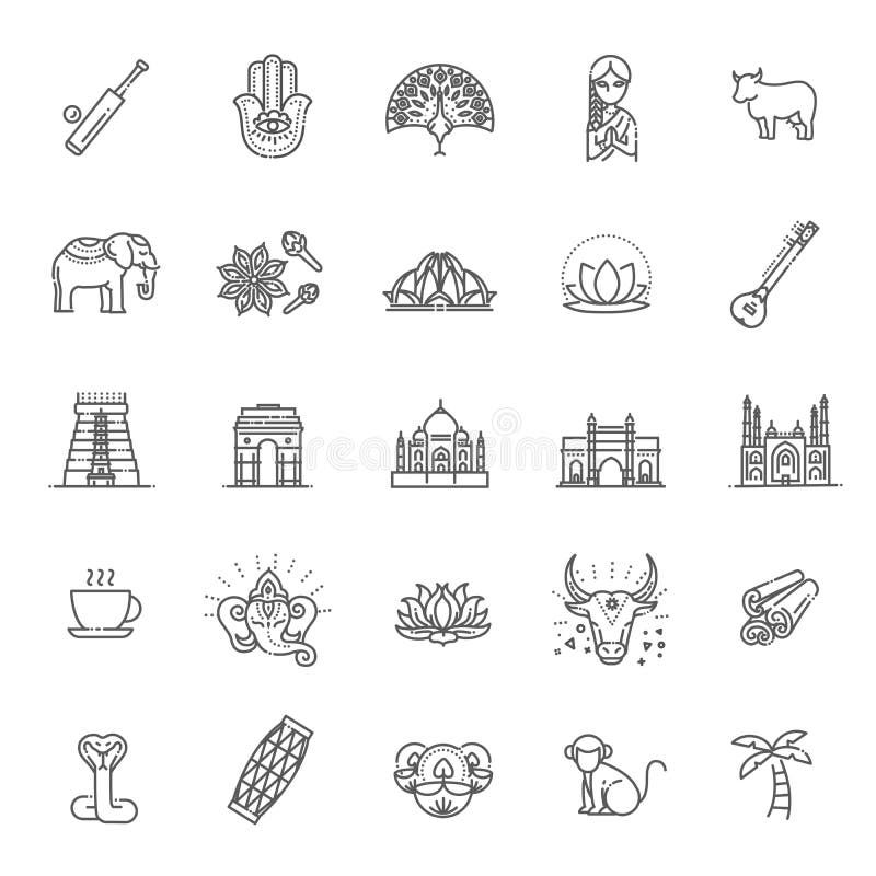 India Icons Set. Indian Attractions, Line Design. Tourism in India