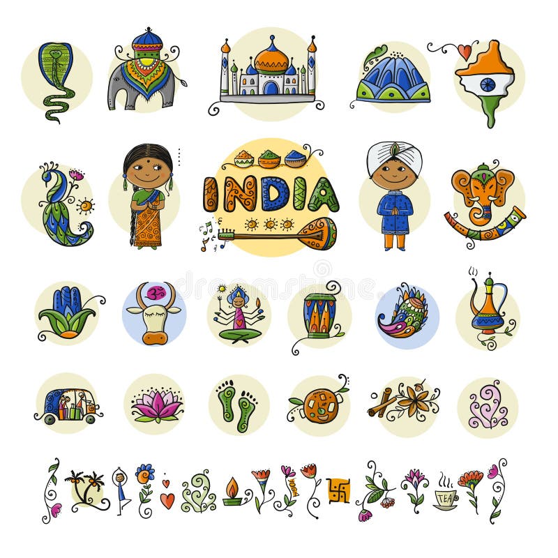 India, icons set. Sketch for your design. Vector illustration