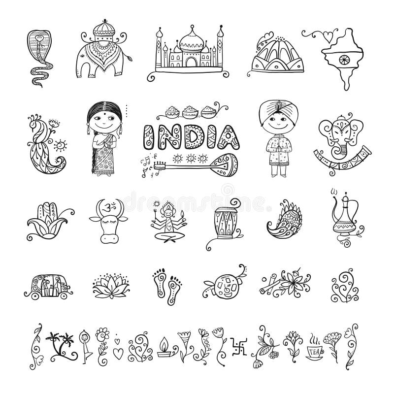 India, icons set. Sketch for your design. Vector illustration