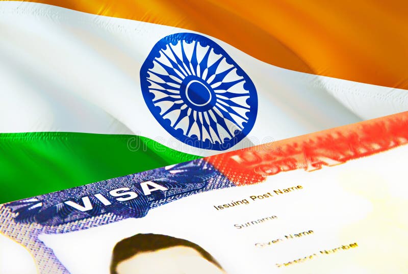 India immigration document close up. Passport visa on India flag. India visitor visa in passport,3D rendering. India multi royalty free illustration
