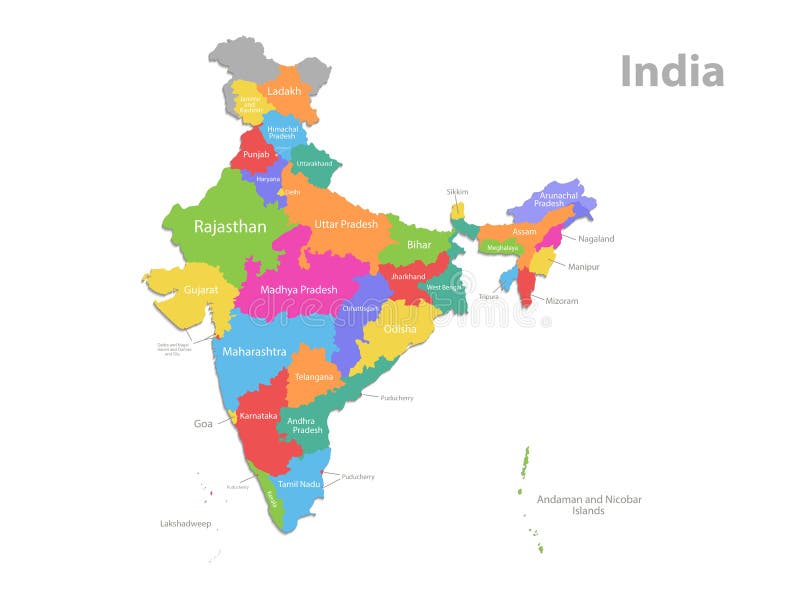 India Map With Country Name India Map, Administrative Division, Separate Individual Regions With Names,  New Map Of Division Year 2020, Color Map Isolated On Stock Vector -  Illustration Of Islands, Country: 205032500
