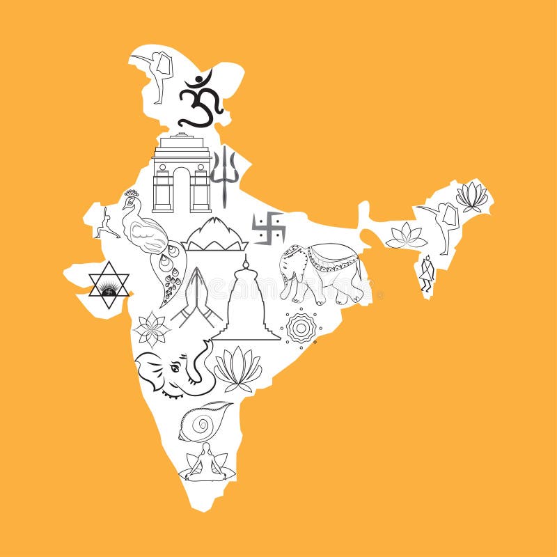 India map outline cultural spiritual symbols doodle saffron vector illustration India map outline cultural spiritual symbols doodle saffron vector illustration