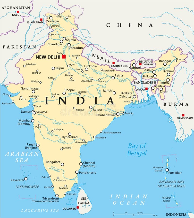 India political map with capital New Delhi, national borders, important cities, rivers and lakes. English labeling and scaling. Illustration.