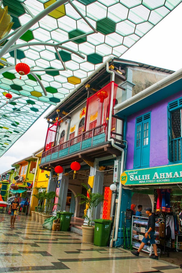 India Street, Market in Kuching. Multi-colored Building. Sarawak Borneo