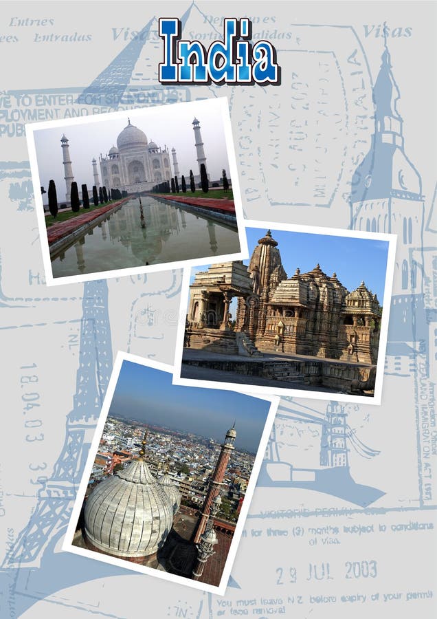India with Taj Mahal, Jama Masjid and Khajuraho temple royalty free illustration India with Taj Mahal, Jama Masjid and Khajuraho temple royalty free illustration